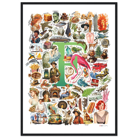 "F is for Festive" — a Renard Roux alphabet poster with English F words (green version)