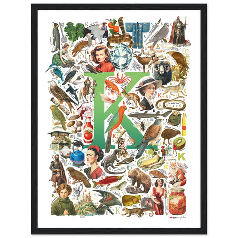 "K is for Keen" — a Renard Roux alphabet poster with English K words (green version)