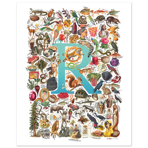 "R is for Remarkable" — a Renard Roux alphabet poster with English R words (turquoise version)