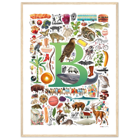 "B is for Brave" — a Renard Roux alphabet poster with English B words (green version)
