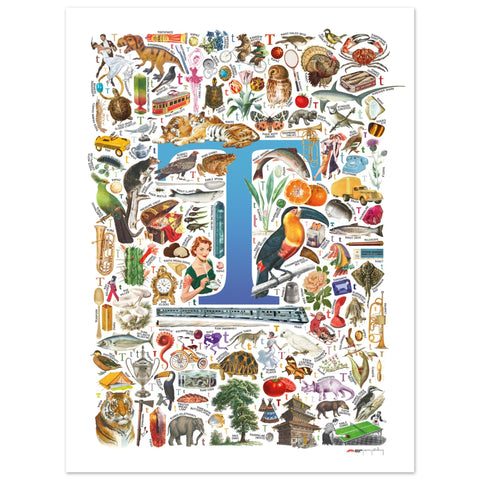 "T is for Treasure" — a Renard Roux alphabet poster with English T words (blue version)