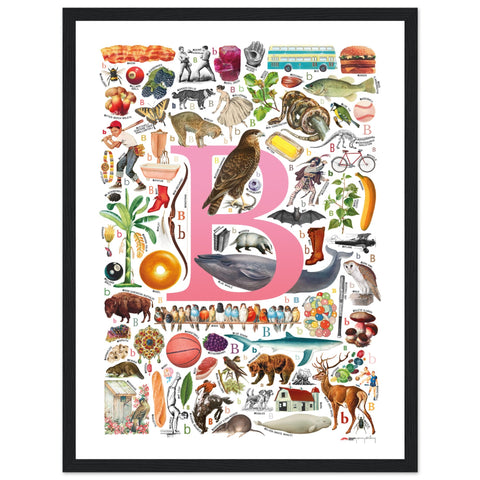 "B is for Brave" — a Renard Roux alphabet poster with English B words (pink version)