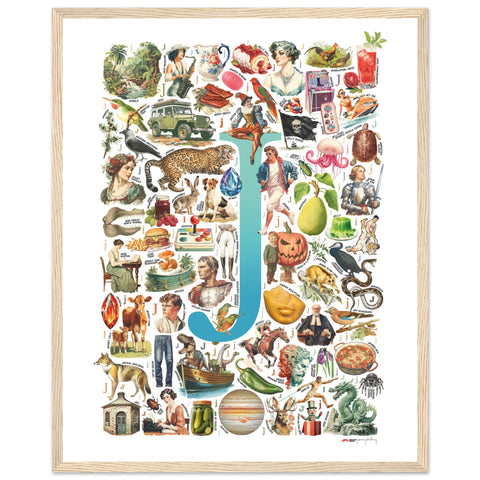 "J is for Journey" — a Renard Roux alphabet poster with English J words (turquoise version)