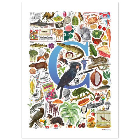 "C is for Curious" — a Renard Roux alphabet poster with English C words (blue version)