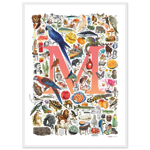 "M is for Magical" — a Renard Roux alphabet poster with English M words (red version)