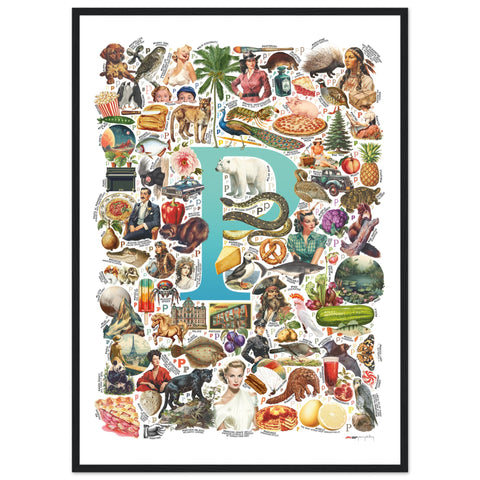 "P is for Pioneer" — a Renard Roux alphabet poster with English P words (turquoise version)