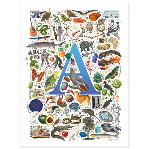 "A is for Adventure" — a Renard Roux alphabet poster with English A words (blue version)