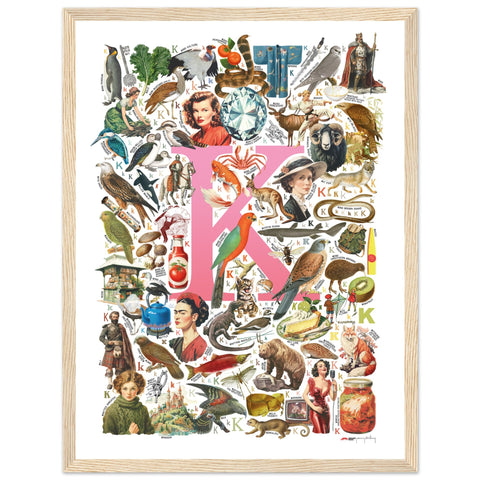 "K is for Keen" — a Renard Roux alphabet poster with English K words (pink version)