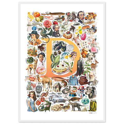 "D is for Discovery" — a Renard Roux alphabet poster with English D words (yellow version)