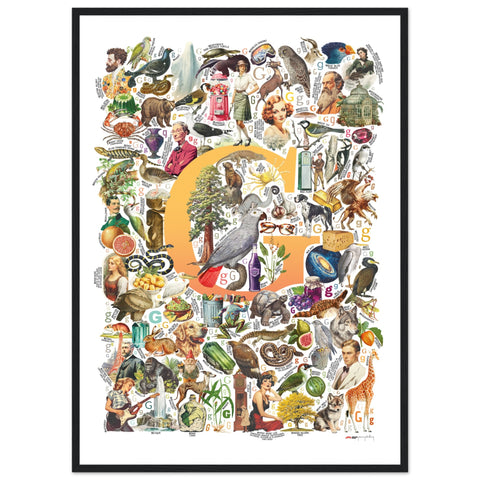 "G is for Great" — a Renard Roux alphabet poster with English G words (yellow version)