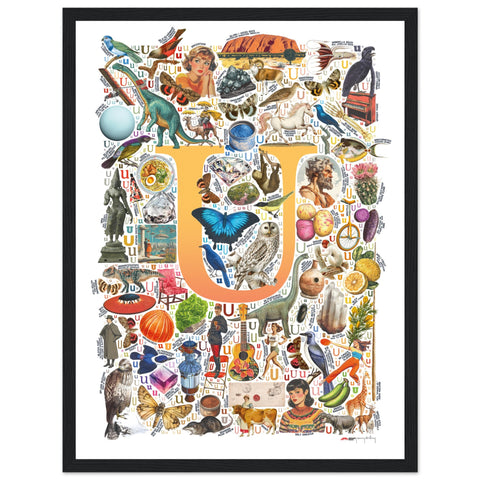 "U is for Unique" — a Renard Roux alphabet poster with English U words (yellow version)