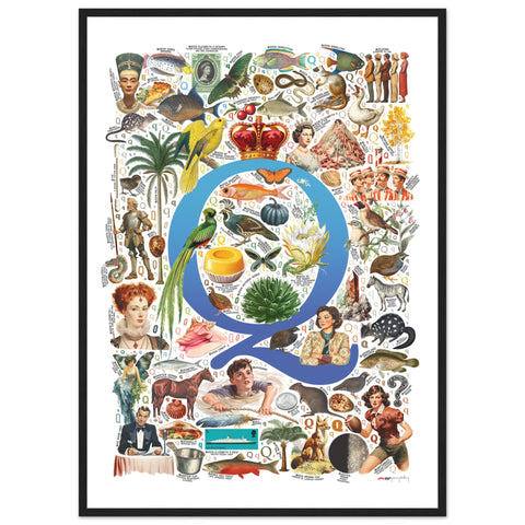 "Q is for Quest" — a Renard Roux alphabet poster with English Q words (blue version)