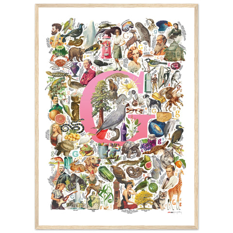 "G is for Great" — a Renard Roux alphabet poster with English G words (pink version)
