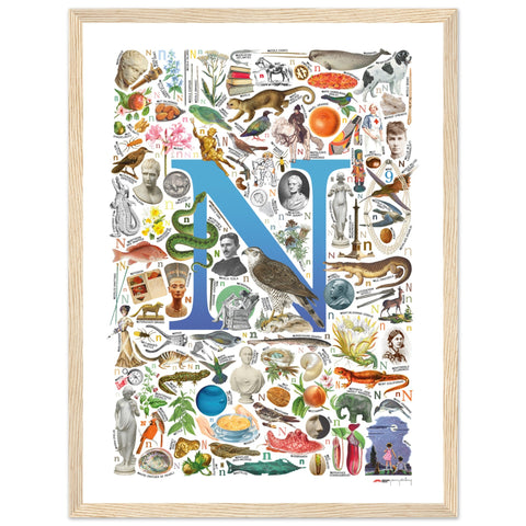 "N is for Nature" — a Renard Roux alphabet poster with English N words (blue version)