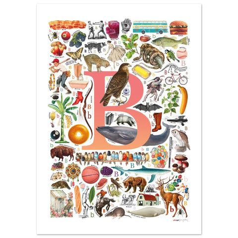 "B is for Brave" — a Renard Roux alphabet poster with English B words (red version)