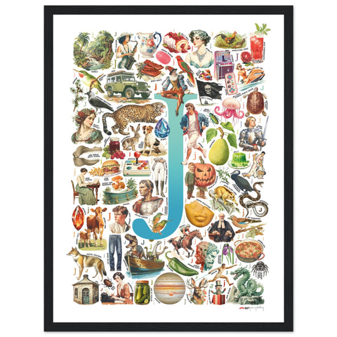 "J is for Journey" — a Renard Roux alphabet poster with English J words (turquoise version)