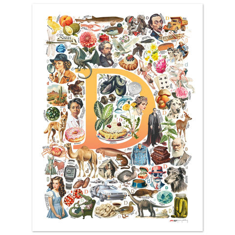"D is for Discovery" — a Renard Roux alphabet poster with English D words (yellow version)