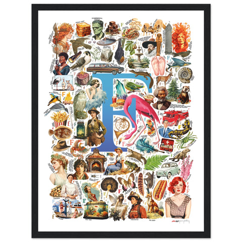 "F is for Festive" — a Renard Roux alphabet poster with English F words (blue version)