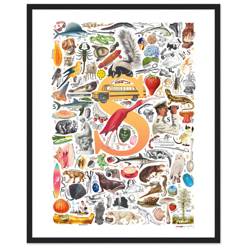 "S is for Surprise" — a Renard Roux alphabet poster with English S words (yellow version)