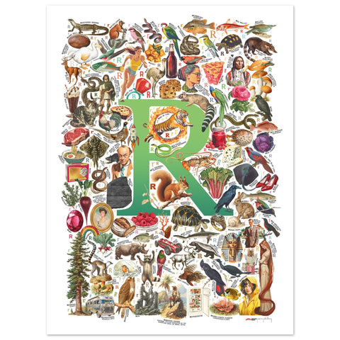 "R is for Remarkable" — a Renard Roux alphabet poster with English R words (green version)