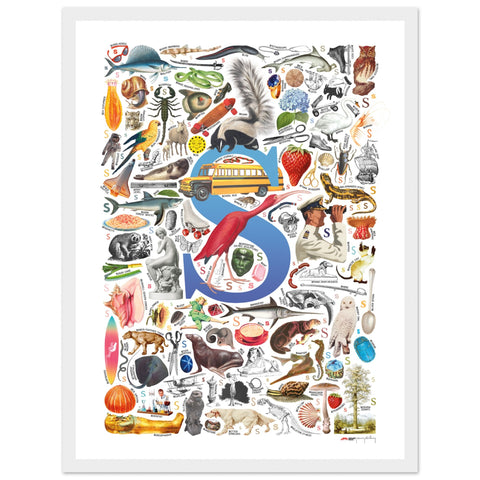"S is for Surprise" — a Renard Roux alphabet poster with English S words (blue version)