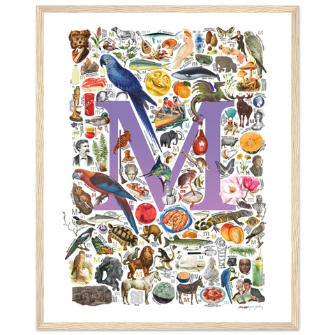 "M is for Magical" — a Renard Roux alphabet poster with English M words (purple version)