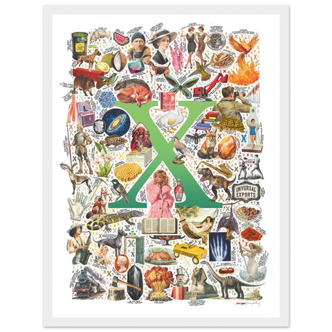 "X is for Xanadu" — a Renard Roux alphabet poster with English X words (green version)