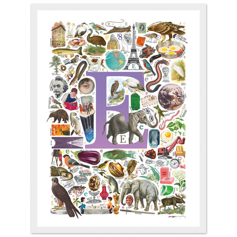 "E is for Explore" — a Renard Roux alphabet poster with English E words (purple version)