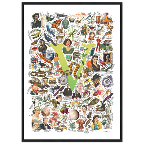 "V is for Voyage" — a Renard Roux alphabet poster with English V words (chartreuse version)