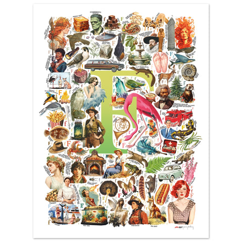 "F is for Festive" — a Renard Roux alphabet poster with English F words (chartreuse version)