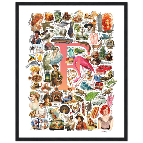 "F is for Festive" — a Renard Roux alphabet poster with English F words (red version)