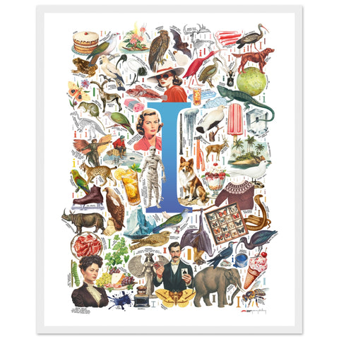"I is for Imagination" — a Renard Roux alphabet poster with English I words (blue version)