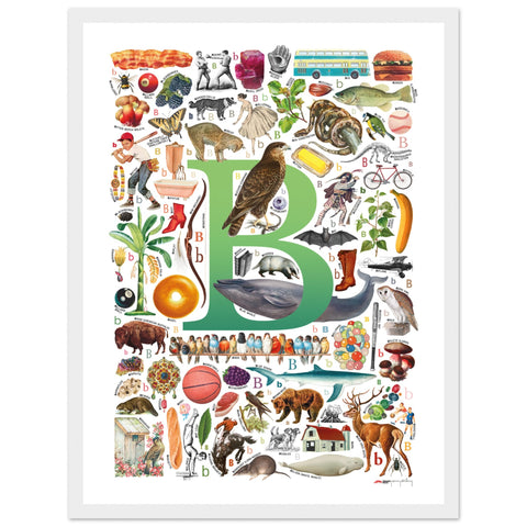 "B is for Brave" — a Renard Roux alphabet poster with English B words (green version)