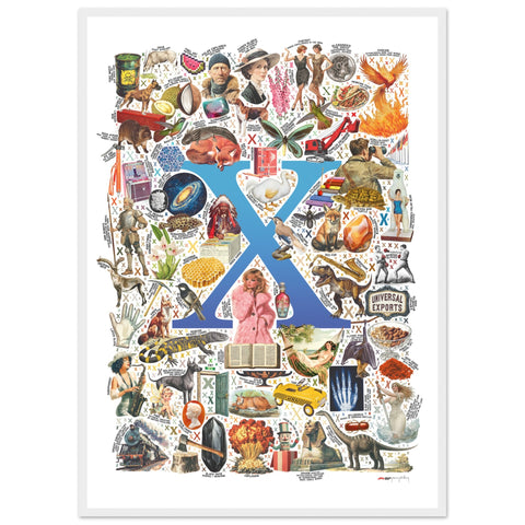"X is for Xanadu" — a Renard Roux alphabet poster with English X words (blue version)