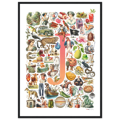 "J is for Journey" — a Renard Roux alphabet poster with English J words (red version)