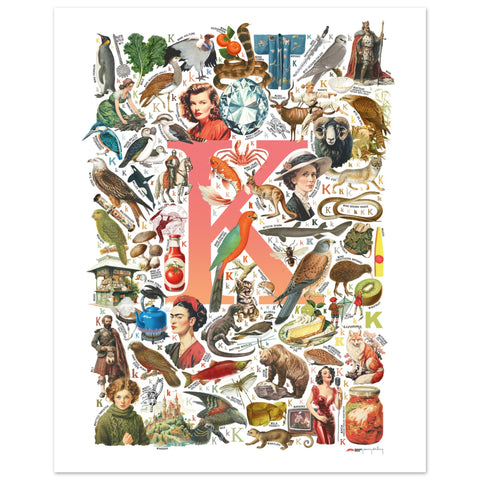 "K is for Keen" — a Renard Roux alphabet poster with English K words (red version)