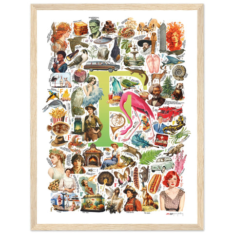 "F is for Festive" — a Renard Roux alphabet poster with English F words (chartreuse version)