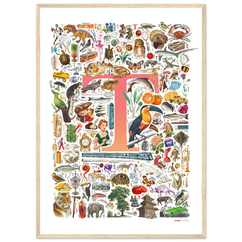 "T is for Treasure" — a Renard Roux alphabet poster with English T words (red version)