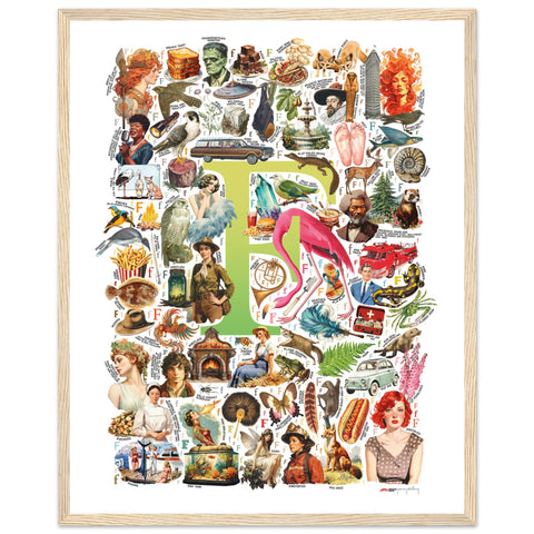 "F is for Festive" — a Renard Roux alphabet poster with English F words (chartreuse version)