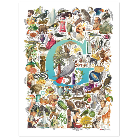"G is for Great" — a Renard Roux alphabet poster with English G words (turquoise version)