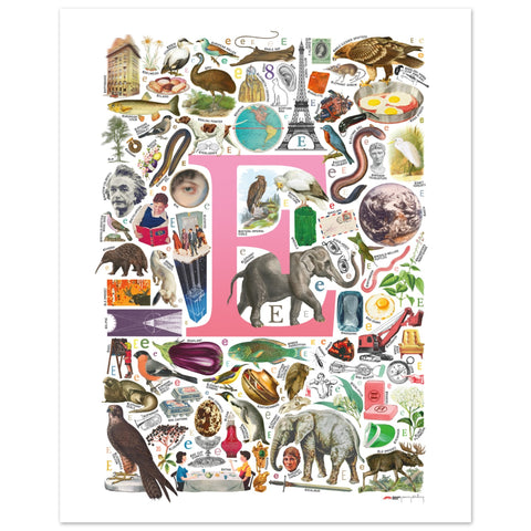 "E is for Explore" — a Renard Roux alphabet poster with English E words (pink version)