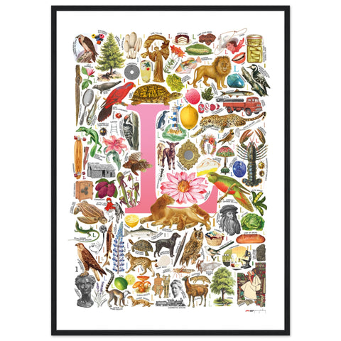 "L is for Learning" — a Renard Roux alphabet poster with English L words (pink version)