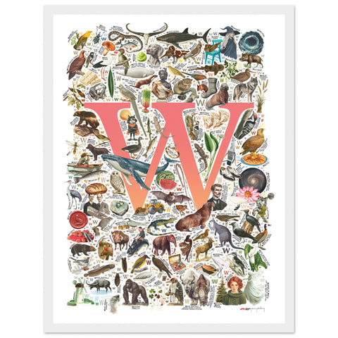 "W is for Wonder" — a Renard Roux alphabet poster with English W words (red version)