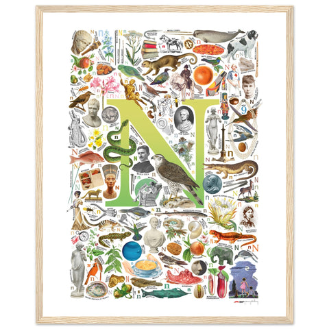 "N is for Nature" — a Renard Roux alphabet poster with English N words (chartreuse version)