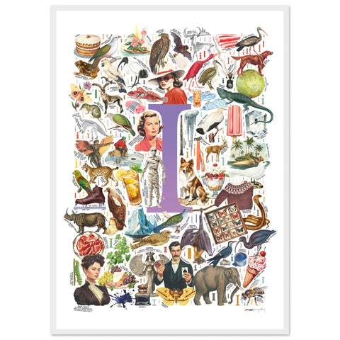 "I is for Imagination" — a Renard Roux alphabet poster with English I words (purple version)