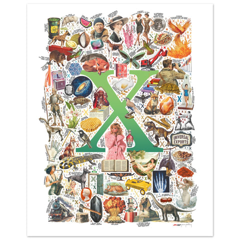 "X is for Xanadu" — a Renard Roux alphabet poster with English X words (green version)