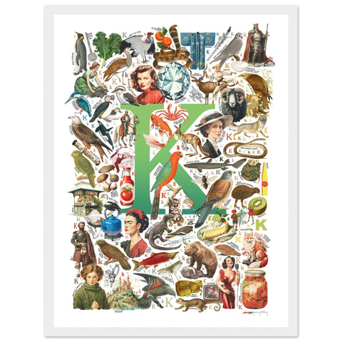 "K is for Keen" — a Renard Roux alphabet poster with English K words (green version)