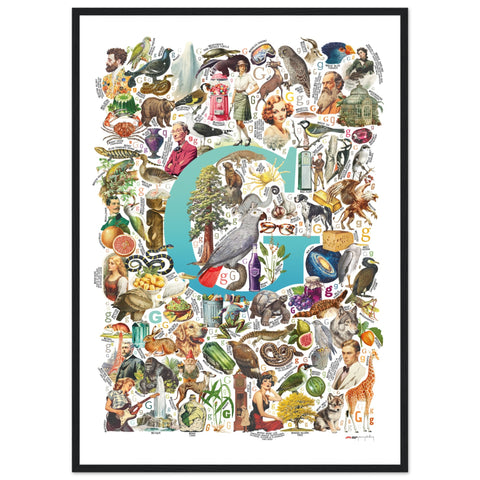 "G is for Great" — a Renard Roux alphabet poster with English G words (turquoise version)