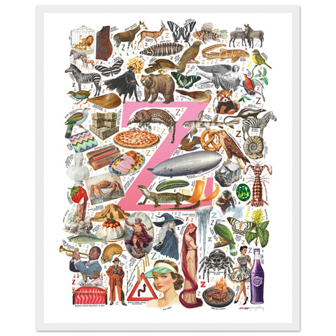 "Z is for Zenith" — a Renard Roux alphabet poster with English Z words (pink version)
