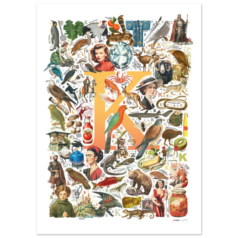 "K is for Keen" — a Renard Roux alphabet poster with English K words (yellow version)